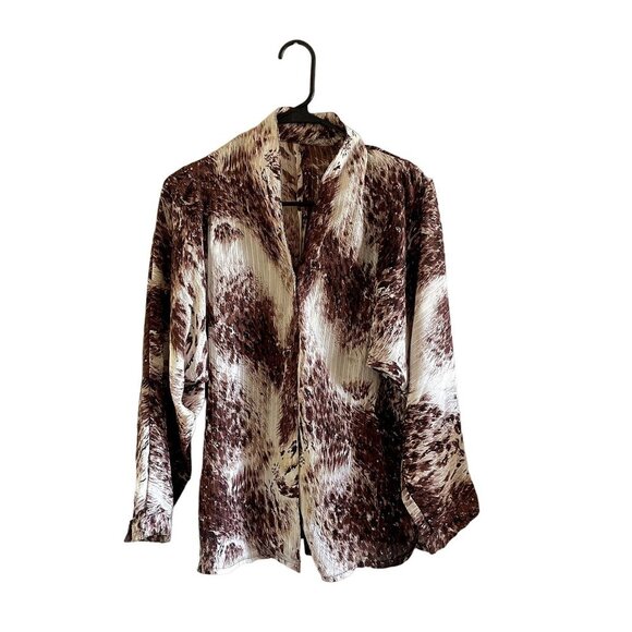 Vintage Brown Print Lightweight Button Down Women's Top - Picture 1 of 4
